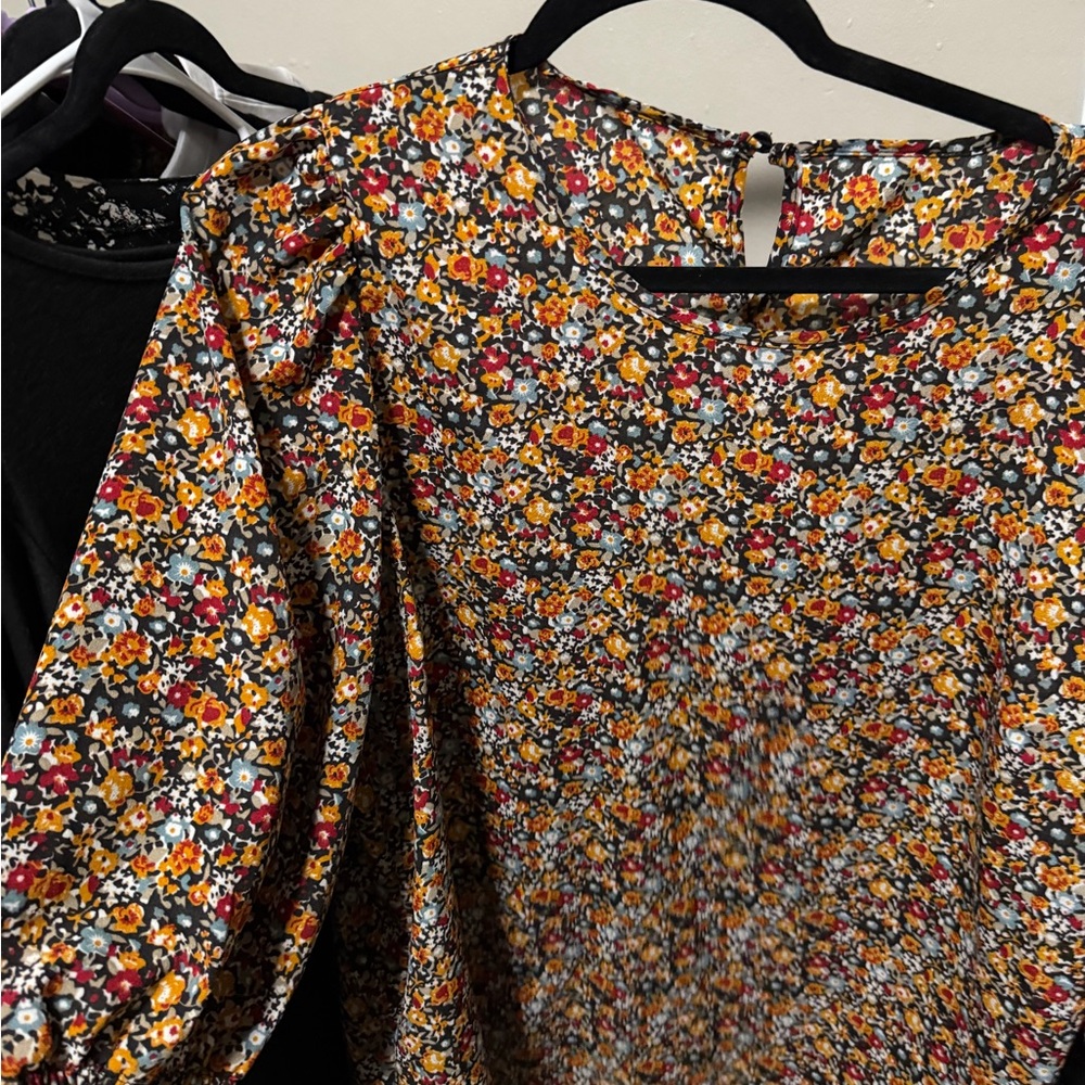 Floral Puff Sleeve Blouse in Mustard & Burgundy
